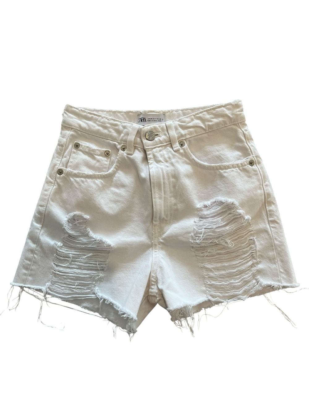 Zara High-Waisted White Distressed Denim Shorts- 2